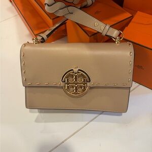 Tory Burch Tan Leather Shoulder Bag with Gold Accents